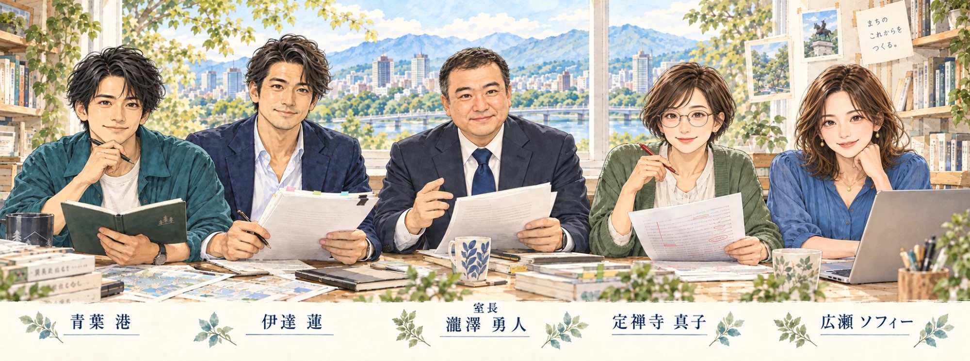 左から、青葉港、伊達蓮、室長・瀧澤勇人、定禅寺真子、広瀬ソフィーの5人が、仙台の街並みを背景にテーブルを囲んで並ぶ集合イラスト（写真ではなくイラストです）