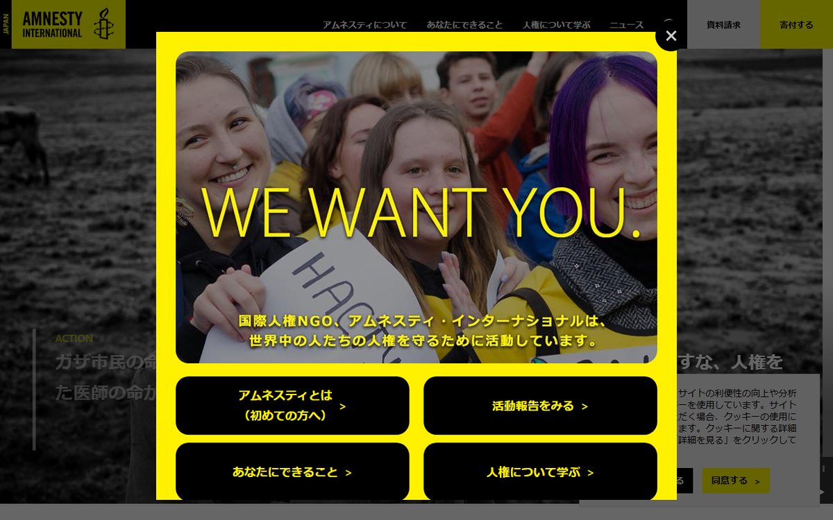 公益社団法人 アムネスティ・インターナショナル日本 のウェブサイト(スクリーンショット)