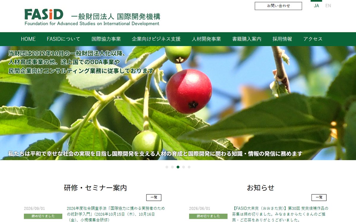 一般財団法人 国際開発機構（FASID） のウェブサイト（スクリーンショット）