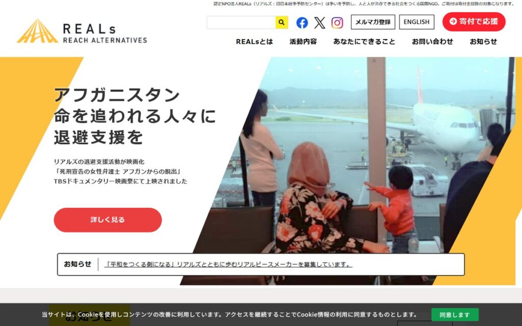 認定NPO法人 Reach Alternatives(REALs) のウェブサイト