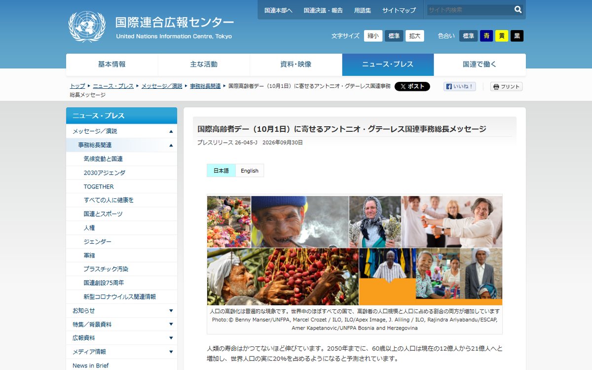 国連広報センター のウェブサイト（スクリーンショット）